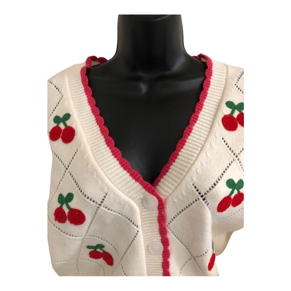 Jessica Simpson cream pink scalloped trim cherry embroidered cardigan size M new - Picture 11 of 17